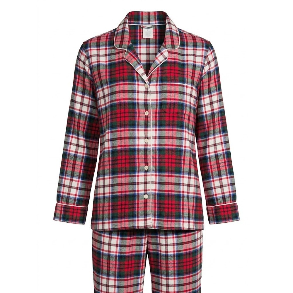Lands End Womens XL Red Plaid Flannel Pajama Set Button Down Pants - CJ